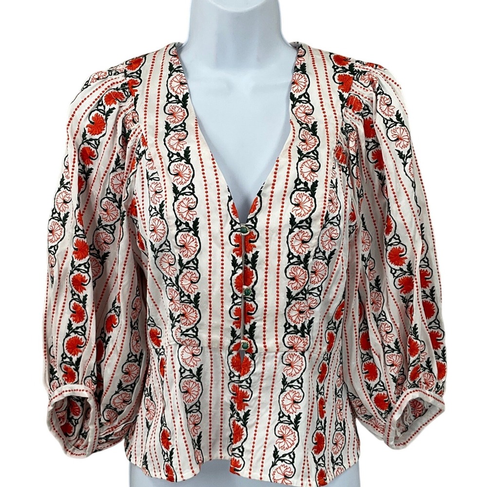 Sandro Paris Blouse Women 1 White Orange Floral Embroidered Puff Sleeve V-Neck